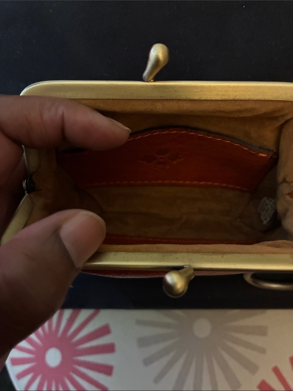 Patricia Nash “Borse” style cognac Brown Leather Kiss-Lock Coin Purse w/Keyring - Picture 5 of 10